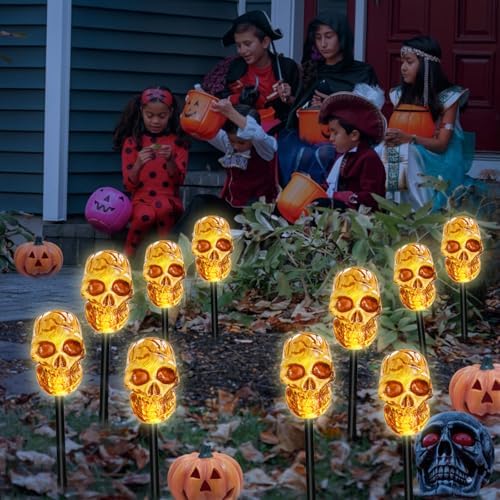 BRIGHTDECK Halloween Solar Pathway Lights Outdoor, LED Decor, Light Up Solar Stake Lights for Holiday, Halloween, Walkway, Sidewalk (Skull, 10-Pack) - Image 7