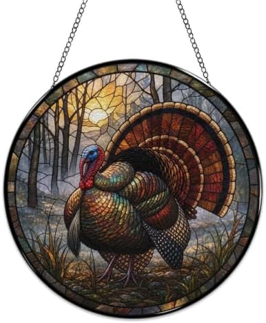 Autumn Wild Turkey Stained Glass Suncatcher 9.8" Colorful Window Hanging Ornament, Retro Sun Catcher Decor with Chain for Home Wall Garden Birthday Christmas Mothers Day - Image 4