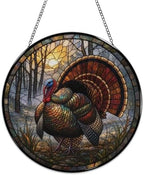 Autumn Wild Turkey Stained Glass Suncatcher 9.8" Colorful Window Hanging Ornament, Retro Sun Catcher Decor with Chain for Home Wall Garden Birthday Christmas Mothers Day - Image 4