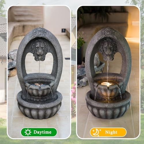 Lion Head 2-Tier Outdoor Water Fountain, Resin & LED, 31.1 in - Image 6
