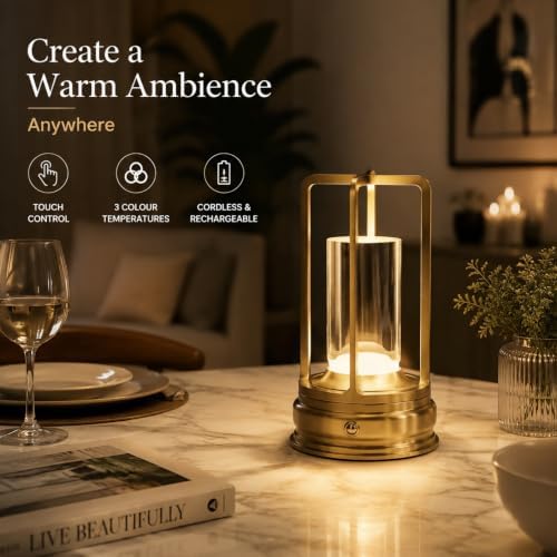 Cordless Outdoor Table Lamp, Rechargeable LED Patio Lamp, Dimmable, Gold - Image 2