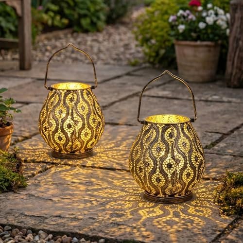 TRIROCKS Set of 2 Moroccan Decorative Lamps 8'' High Cordless Lamp Metal Table Lamps with Fairy Lights Bulb for Home Living Room Garden Yard Party Events Tabletop Indoor Outdoor(Black) - Image 4