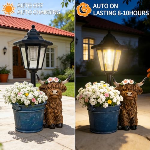 Solar Highland Cow Outdoor Statue, Garden Decor with Flowerpot & Lantern - Image 4
