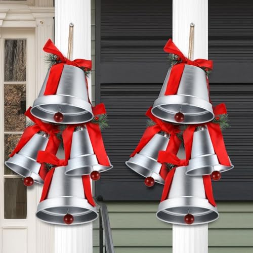 MorningRo 8 Pcs 8+6.5in Silver Giant Bells Extra Large Christmas Bells for Outside Decor for Xmas Tree Doors Firepalces Unique for Large Xmas Bell Ornaments Garland Indoor Outdoor by MorningRo