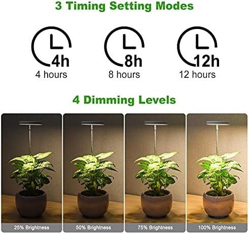 LORDEM Grow Light, Full Spectrum LED Plant Light for Indoor Plants, Height Adjustable Growing Lamp with Auto On/Off Timer 4/8/12H, 4 Dimmable Brightness, Ideal for Small Plants, 4 Packs - Image 4