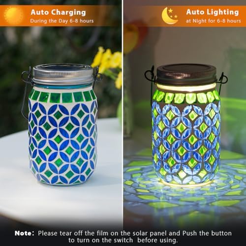 Stargarden 4 Pack Mosaic Solar Lantern , Outdoor Hanging Lantern,Blue Green - Image 2