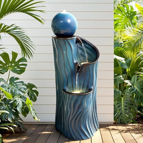 32" H Ceramic Outdoor Water Fountain, Art Sphere Dynamic Wave-Texture - Image 2