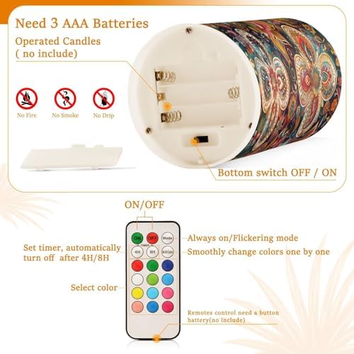 Vintage Bohemian Flowers Paisley Flameless Flickering Candles with Timer Waterproof Electronic Lights Battery Operated Led for Party (prop2) 2-Piecing Set - Image 4