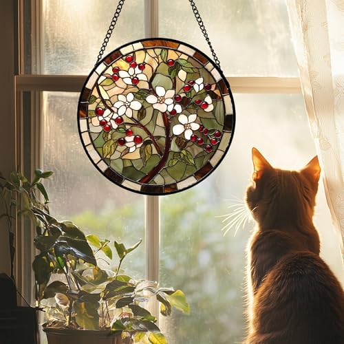 White Flowers Red Berries Stained Glass Window Hanging Suncatcher Gift 9.8" - Image 3