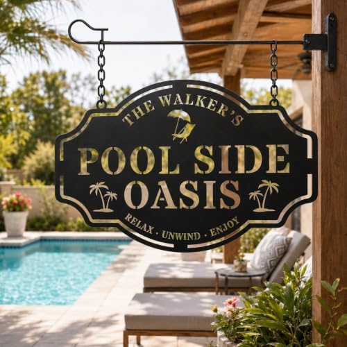 Personalized Swimming Pool Metal Sign, Custom Family Poolside Oasis Sign, Custom Pool Sign, Patio Decor, Backyard Decor - Image 2