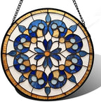 Stained Glass Window Hanging Blue Brown Boho Floral Pattern Large 15" - Flower Suncatcher Door Garden Sun Catcher Decor Birthday Christmas for Mom Woman Nana Friend Men by JOSUMALY