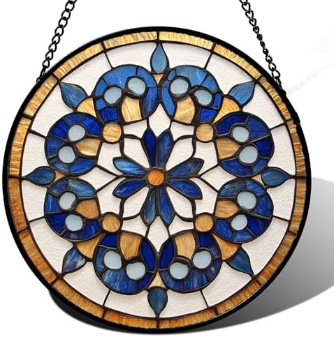 Stained Glass Window Hanging Blue Brown Boho Floral Pattern Large 15" - Flower Suncatcher Door Garden Sun Catcher Decor Birthday Christmas for Mom Woman Nana Friend Men by JOSUMALY
