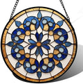 Stained Glass Window Hanging Blue Brown Boho Floral Pattern Large 11.8" - Flower Suncatcher Door Garden Sun Catcher Decor Birthday Christmas for Mom Woman Nana Friend Men by JOSUMALY