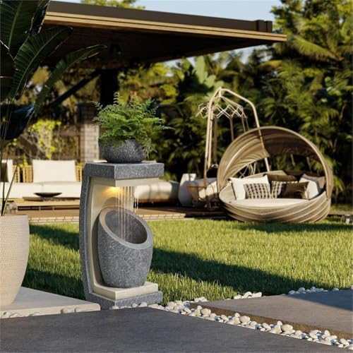 LuxenHome Water Fountain Outdoor, 32 Inch Resin Cascading Water Fountains Indoor with LED Lights, Modern Garden Decor, Small Waterfall Fountain, Outdoor Fountains and Waterfalls Garden Decor - Image 4