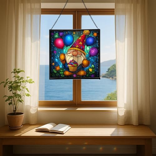 Birthday Balloon Gnome Stained Glass Suncatcher – Square Hanging Window Panel for Home or Greenhouse – Whimsical Glass Art Gift for Garden Lovers, Christmas, Halloween, Father Days 62hJGZ - Image 6
