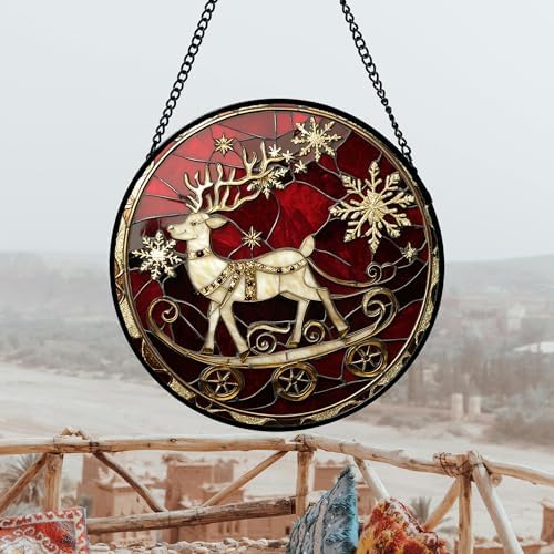 DASTOLL Stained Glass Window Hanging 4 Pcs Set Red Christmas Elk Snowflakes Large 11.8" - Deer Suncatcher Door Garden Sun Catcher Decor Birthday for Mom Woman Nana Men Friend - Image 3