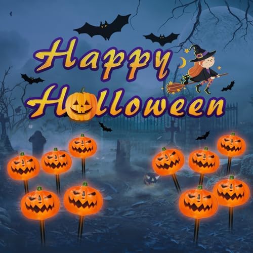 BRIGHTDECK Halloween Solar Pathway Lights Outdoor, LED Decor, Light Up Solar Stake Lights for Holiday, Halloween, Walkway, Sidewalk (Flat Pumpkin, 10-Pack) - Image 4