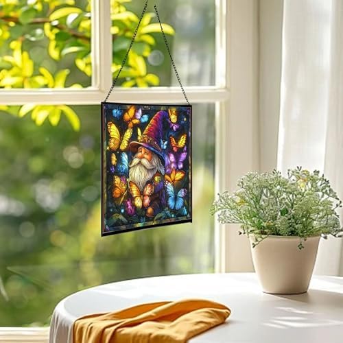 Gnome Among Butterflies Stained Glass Suncatcher – Square Hanging Window Panel for Home or Greenhouse – Whimsical Glass Art Gift for Garden Lovers, Christmas, Halloween, Father Days mExMxO - Image 3