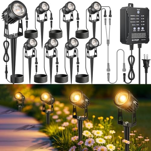 Plug and Play Low Voltage Landscape Lighting Kit with Extension Cables, 8Pack 65FT Wired Landscape Lights with Transformer, Warm White Waterproof Outdoor LED Spotlights for Yard, Garden, Pathway by ROLANCHE