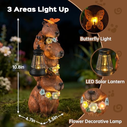 Capybara Solar Garden Statue, Outdoor Capybara Statue with Flower Decoration & Lantern Light, Funny Triple Capybara Decor for Women, Capybara Figurine for Yard Garden Patio Lawn Ornaments - Image 3