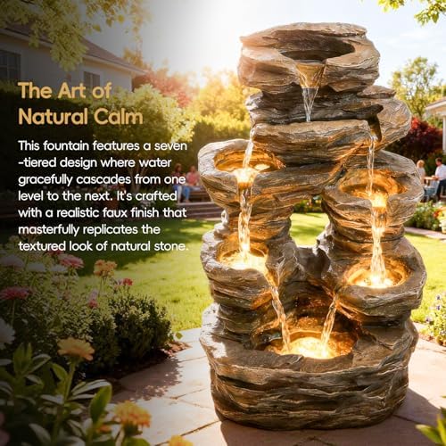 7-Tier Cascading Outdoor Fountain with LED Lights, 23.6" H Rock Water Fountain, Fountains and Waterfalls with Stone-Look for Garden, Patio, Yard Decor - Image 6