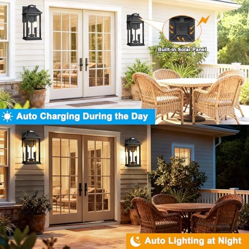 Solar Wall Lights Outdoor with 3 Lighting Modes & Motion Sensor, Outdoor Solar Dusk to Dawn Porch Lights, Waterproof Solar Wall Lantern Lights Fixture for Garage Shed Yard Garden Front Door, 2 Pack - Image 4