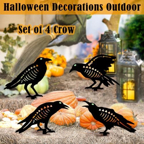 Outdoor Halloween Decor,4 Pack Metal Black Crow Garden Stakes & Glow Eyes - Image 6