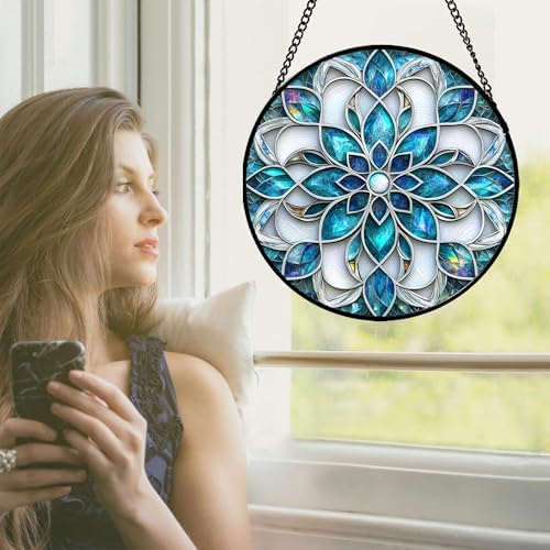 Stained Glass Window Hanging - Blue White Abstract Flowers Suncatcher for Door Terrace Garden Home Decor Boho Sun Catcher Birthday Gifts for Lovers Women Men Dad Mom Nana 15 in - Image 2