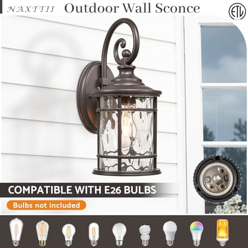 Porch Lights 0utdoor 12.5 Inch Height Exterior Lighting Fixtures with Water Ripple Glass Die-Casting Aluminum Outside Lights for House Porch Garage Yards E27 Socket ORB Finish - Image 3