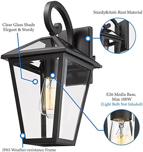 Outdoor Light Fixtures Wall Mount, Waterproof Exterior Wall Lanterns with Glass, Outside Wall Sconces, Front Porch Lights for House Garage Doorway Patio (Black, Clear Glass) - Image 5