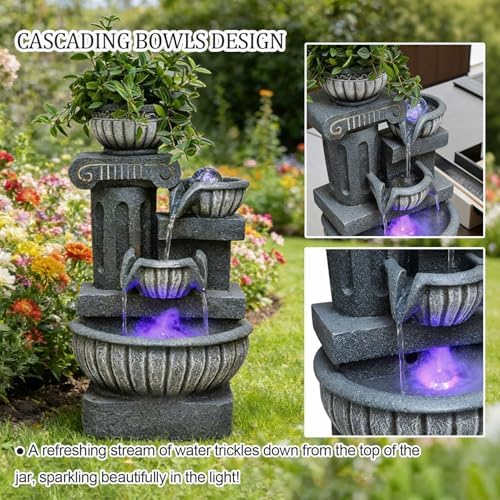 4-Tiers Cascading Bowls Water Fountain Outdoor, Waterfalls Fountains with LED Lights & Atomizing, Outdoor/Indoor Resin Water Feature Fountain for Patio, Garden, Backyard, Deck,23.6" H - Image 3