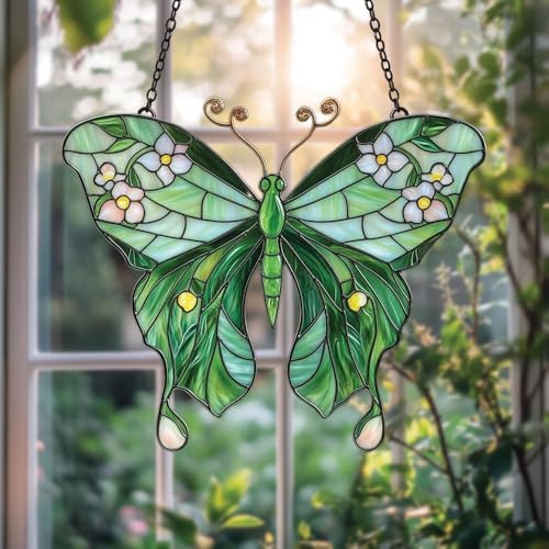 Acrylic Suncatcher Indoor Colorful Window Hanging Ornament Outdoor Sun Catcher Panel for Home Decor Car Garden Crystal Gift Green Butterfly Faux Stained Glass Suncatcher by Unknown