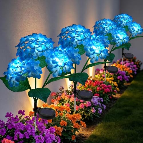 Solar Garden Lights 4 Pack, LED Blue Hydrangea Waterproof Auto On/Off by Unknown