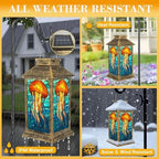Solar Lantern Outdoor Waterproof Stained Glass Jellyfish Vibrant Orange Blue Tones Garden Decor LED Hanging Solar Lights Tabletop Lamp Gifts for Women Mom Outside Yard Patio Porch - Image 3
