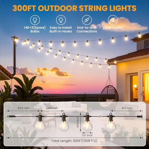 G40 LED Outdoor String Lights, 300FT Waterproof IP65 Hanging Patio Lights - Image 2
