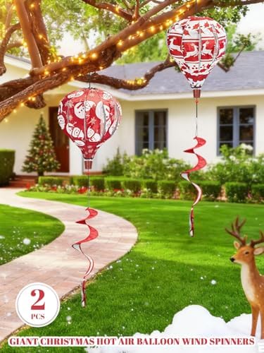 2PCS Giant Christmas Snowman Reindeer Hot Air Balloon Wind Spinners 14" W x 59" H Large Red&White Whirligig Wind Spinner Hanging Ornaments for Yard Garden Lawn Outdoor Decorations - Image 2