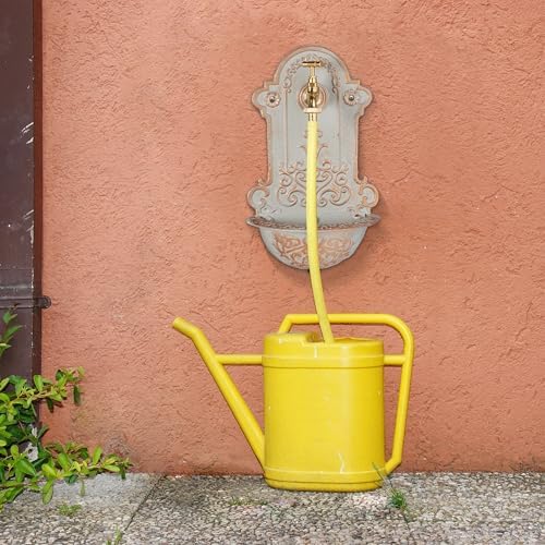 Relaxdays Wall Fountain, Antique Design, Basin & Water Tap, for Garden & Patio, 36 x 22 x 10.5 cm, Cast Iron, Gold/Grey, Brass - Image 2