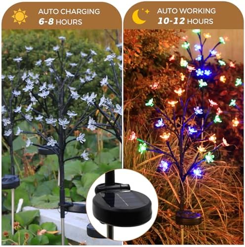 Solar Garden Lights Outdoor Garden Decor, 4 Pack Cherry Blossom Solar Flowers Outdoor Waterproof Fairy Solar Lights, Outside Yard Decorations for Patio Pathway Decor, Gardening Gifts for Women Mom - Image 4