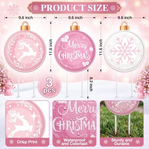 Drydiet 3 Pack Metal Christmas Yard Signs Decor Xmas Yard Stakes Outdoor with Stakes for Holiday Outdoor Garden Lawn Pathway Decoration (Pink Ball) - Image 2