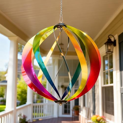 12" Hanging Wind Spinners Outdoor Assembly Required Rainbow 3D Metal Ball - Image 4