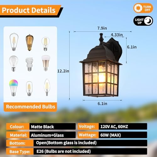 Dawn to Dusk Sensor Outdoor Wall Light Fixtures Waterproof Anti-Rust Exterior Lighting Fixtures Black Outdoor Wall Lantern for Porch Patio Front Door Garage House - Image 3