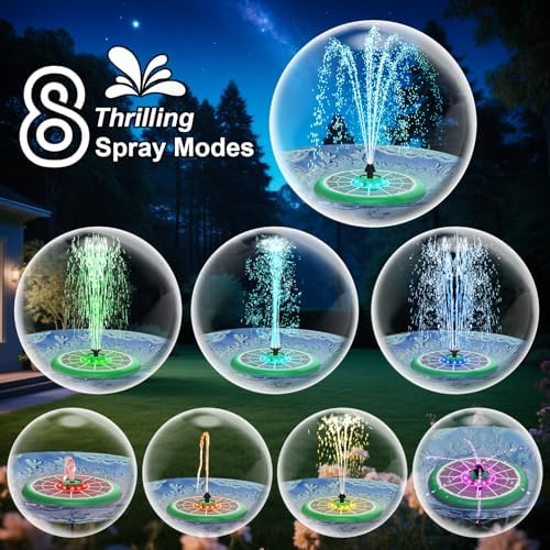 Solar Fountain UFO Style, 2026 Upgrade 5W Glass Solar Panel Bird Bath Fountain with LED Lights, 4000mAh Backup Battery, 7 Nozzles for for Garden, Pond, Pool, Patio Outdoor Water Feature - Image 3