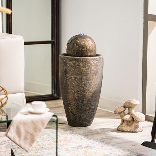 XBrand 25.98" Modern Sphere Water Fountain with LED Light – Indoor Outdoor Stone Texture Floor Fountain, Zen Bubbling Ball Water Feature for Garden Patio Porch - Bronze - Image 6