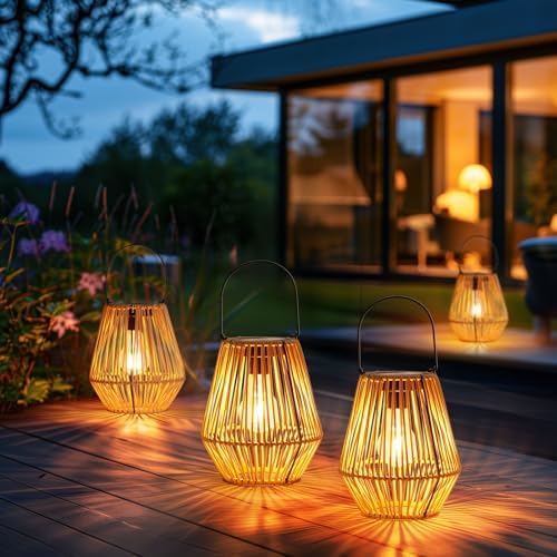 Homemory 2 Pack Rattan Lantern Solar Outdoor Waterproof Hanging Lights - Image 5