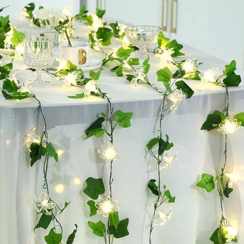 Artificial Flower Vine String Lights With Green Leaves Decor|Led Copper Wire Fairy Lights|Romantic Artificial Plants Ambiance Lamps For Party Christmas Bedroom,A-Warm White,5m(16.4ft)-50LED-USB - Image 5