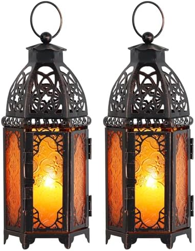 Set of 2 Moroccan Lanterns Decorative Indoor & Outdoor, 11’’ Medium Size Vintage Metal Hanging&Tabletop Candle Holder Decor, Halloween Christmas Ramadan Decorations for Home (Amber) by DECORKEY