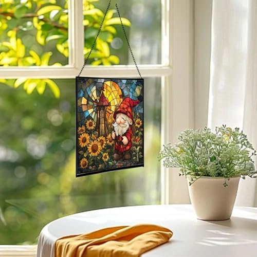Gnome with Windmill Garden Stained Glass Suncatcher – Square Hanging Window Panel for Home or Greenhouse – Whimsical Glass Art Gift for Garden Lovers, Christmas, Halloween, Father Days HML9Z6 - Image 3