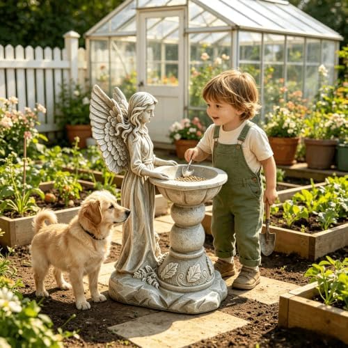 15.35" Angel Bird Bath Sculpture, Resin Garden Statue with Pedestal Bowl - Image 7