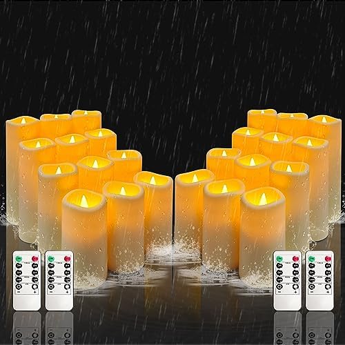 YIWER Plastic Waterproof Flameless Candles Set of 24: Battery Operated Candles Ivory Flickering Pillar Candles Include 4"/5"/6"/7" with 10-Key Remote 2/4/6/8H Timer Function by YIWER