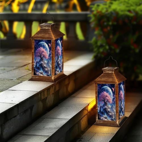 Solar Hanging Lantern Cosmic Fantasy Tree Pink Blossom Flowers Snowy Crystal Mountains Blue Waterproof LED Lights Decor Patio Yard Lawn Porch Lamp, Birthday Gift for Mom Women Garden Outdoor Decor - Image 6